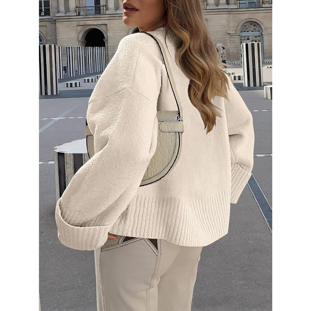 Women's Almond - Parchment Oversized  Long Sleeve Casual  Fuzzy Knit Sweaters - Picture 8 of 9